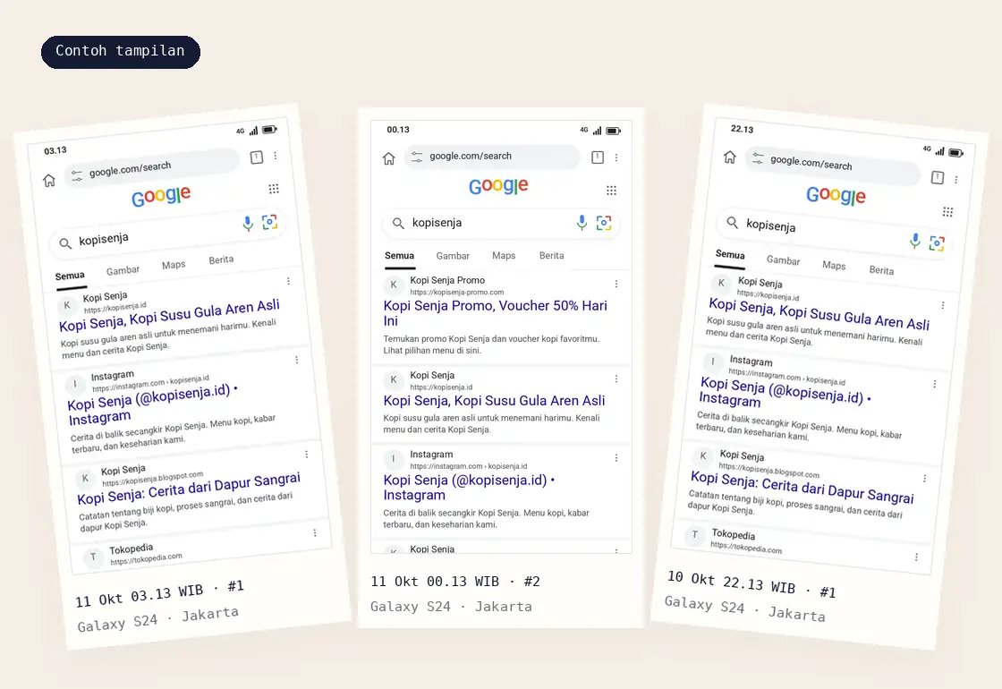Contoh tampilan: arsip screenshot hasil Google dengan cap waktu, perangkat, dan kota